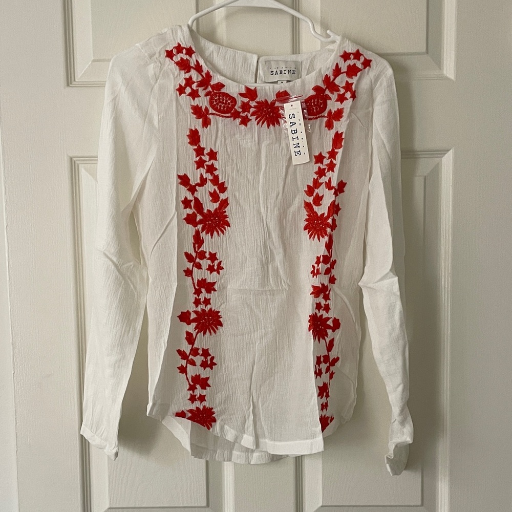 NWT! Anthropologie Sabine White Blouse with Orange Embroidery Sz M